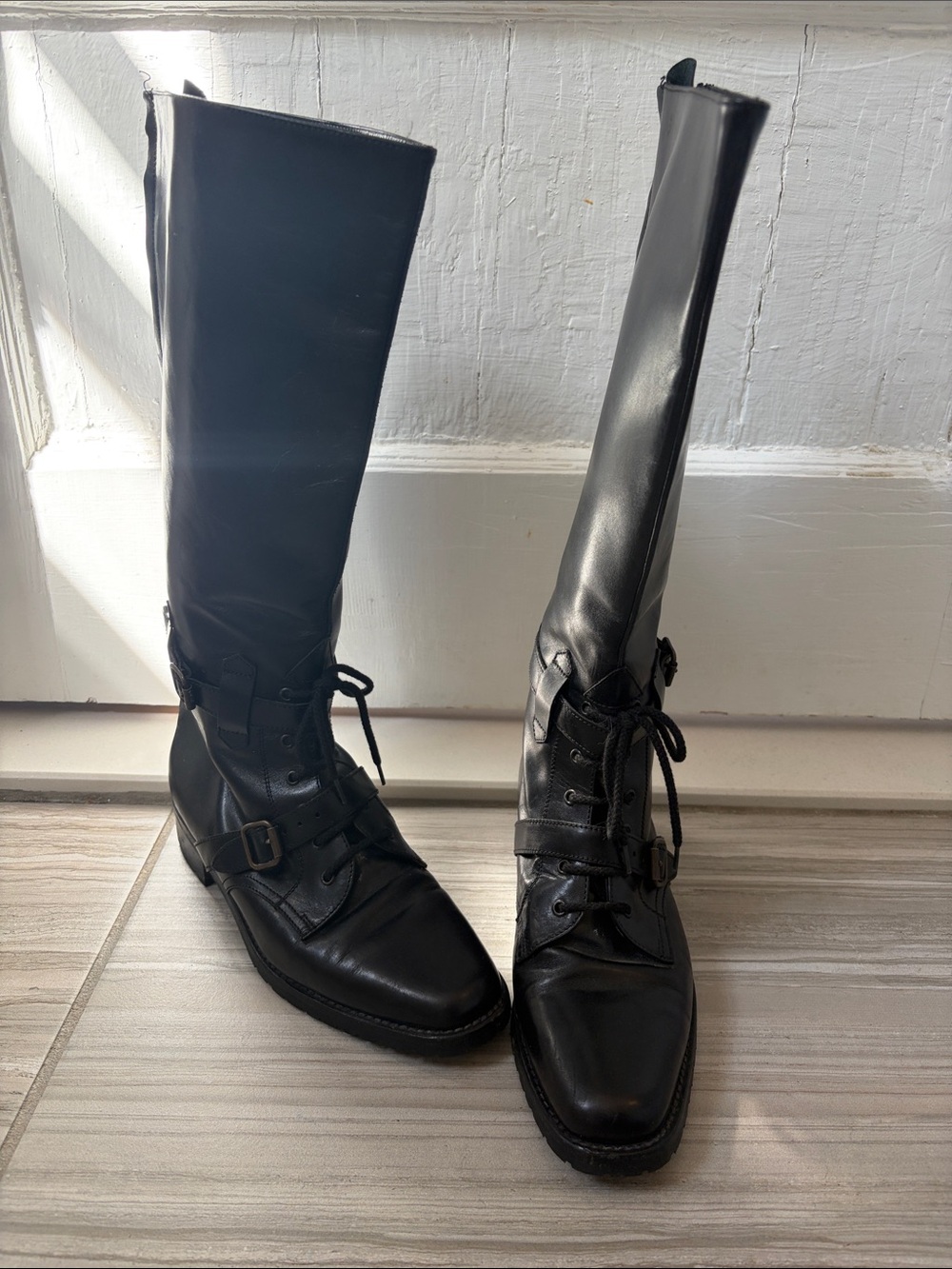 Manolo Blahnik Black Leather Tall Lace-Up Riding Boots